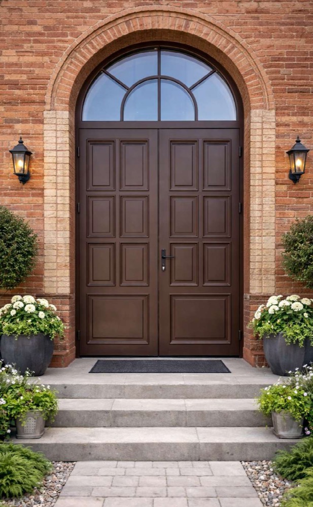 Arched double wood entry door