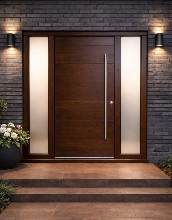 Modern wood entry door with sidelights