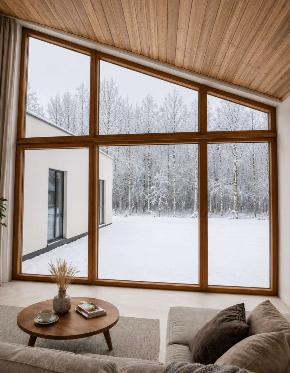 Large wood windows looking out on snow